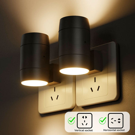 2 Pack Rotatable LED Night Light, Plug-in, Fit Horizontal/Vertical Outlets, Dusk-to-Dawn Sensor, 0-100LM Adjustable Brightness, Ideal for Bedroom, Bathroom, Stairs, Hallway.