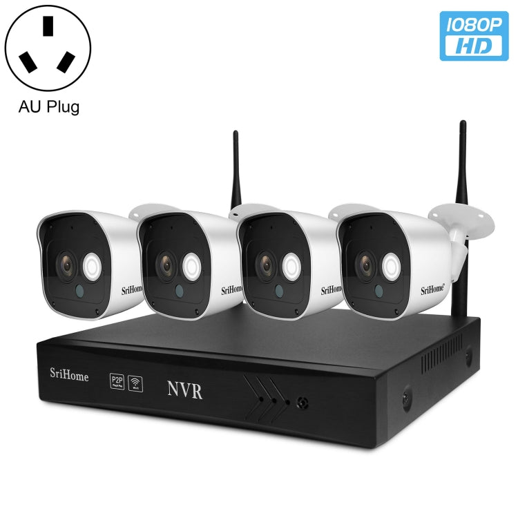 SriHome NVS002 1080P 4-Channel NVR Kit Wireless Security Camera System, Support Humanoid Detection / Motion Detection / Night Vision, AU Plug