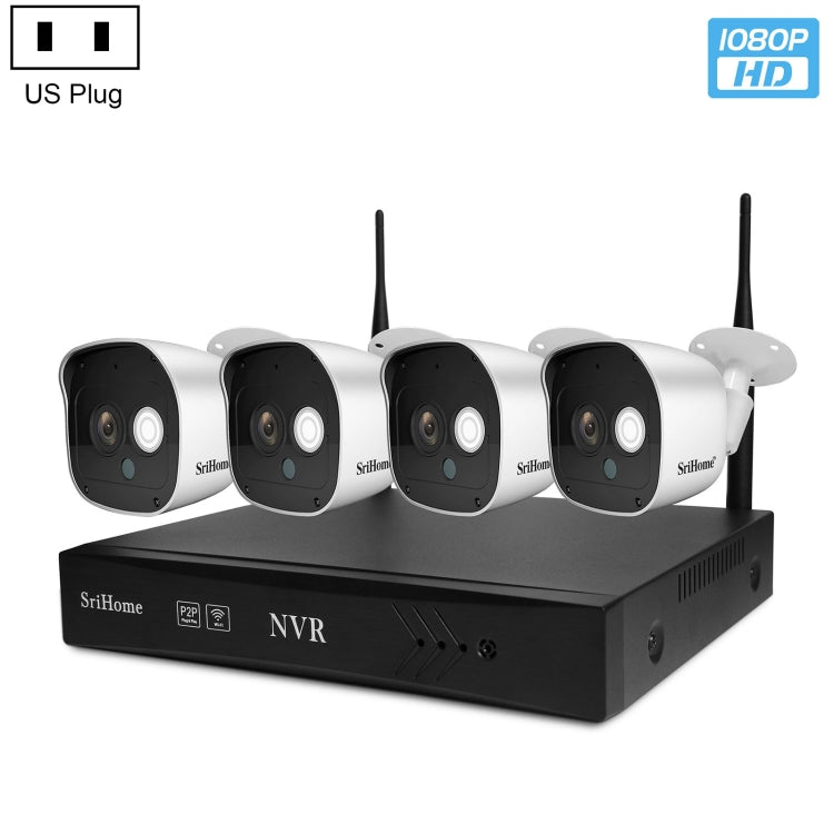 SriHome NVS002 1080P 4-Channel NVR Kit Wireless Security Camera System, Support Humanoid Detection / Motion Detection / Night Vision, AU Plug