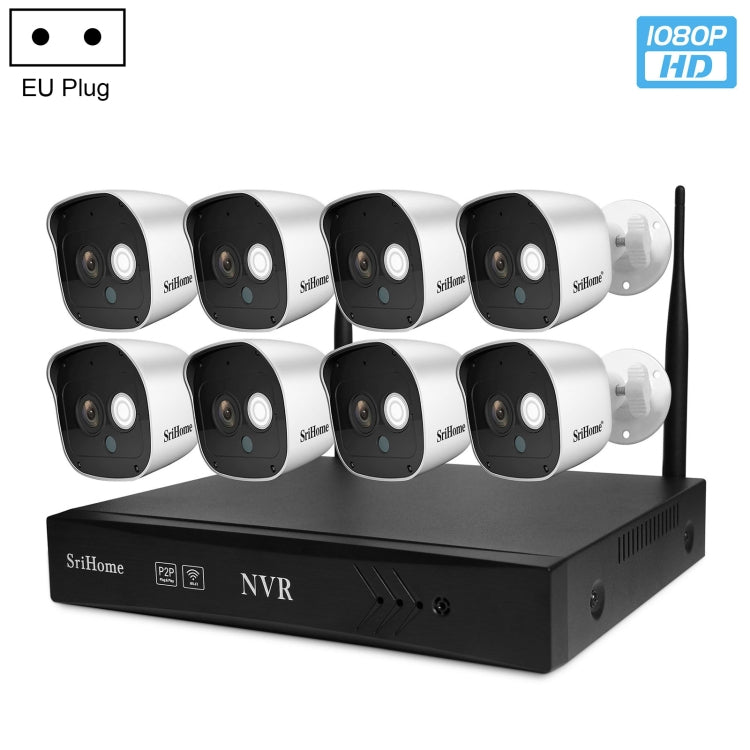 SriHome NVS002 1080P 8-Channel NVR Kit Wireless Security Camera System, Support Humanoid Detection / Motion Detection / Night Vision, AU Plug