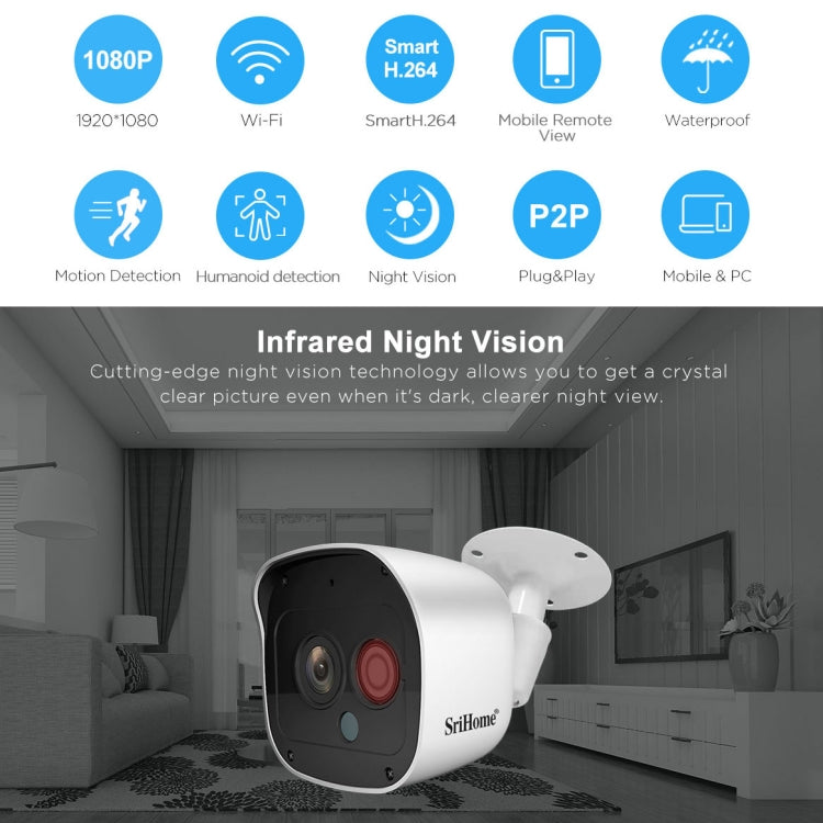 SriHome NVS002 1080P 8-Channel NVR Kit Wireless Security Camera System, Support Humanoid Detection / Motion Detection / Night Vision, AU Plug