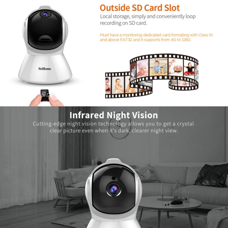 SriHome SH025 2.0 Million Pixels 1080P HD AI Auto-tracking IP Camera, Support Two Way Audio / Motion Tracking / Humanoid Detection / Night Vision / TF Card, AU Plug