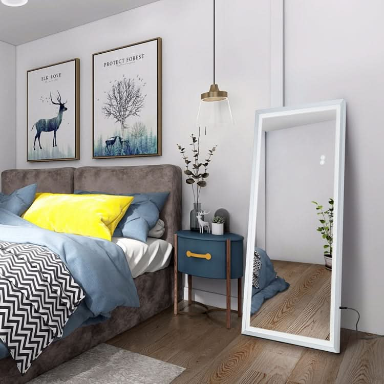 Rectangular Aluminum Frame Floor Mirror Wall-mounted Full-length Mirror Bedroom Mirror with Brightness Adjustment LED Light, Size: 48 x 22 inch, US Plug