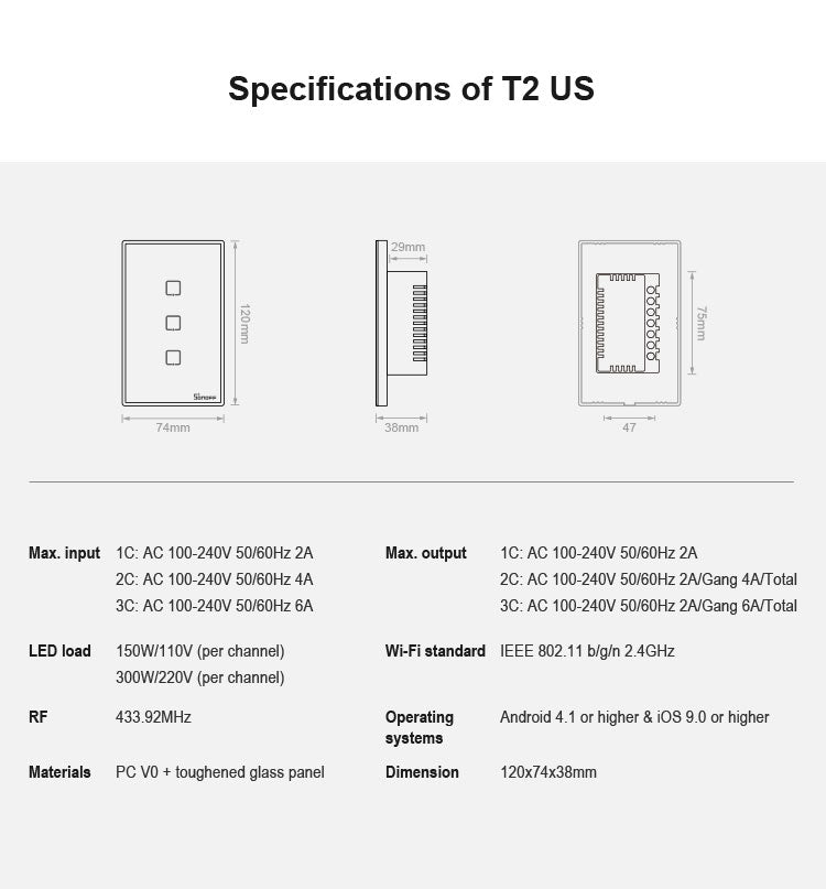 Sonoff T2 Touch 120mm Tempered Glass Panel Wall Switch Smart Home Light Touch Switch, Compatible with Alexa and Google Home, AC 100V-240V, US Plug My Store