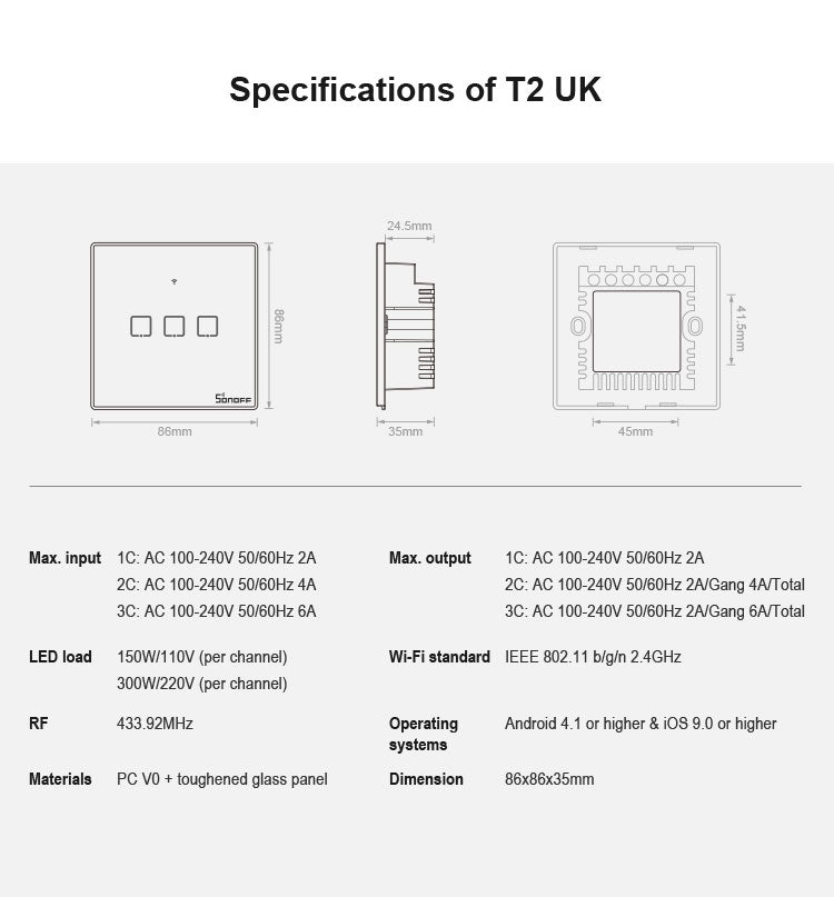 Sonoff T2 Touch 86mm Tempered Glass Panel Wall Switch Smart Home Light Touch Switch, Compatible with Alexa and Google Home, AC 100V-240V, UK Plug My Store