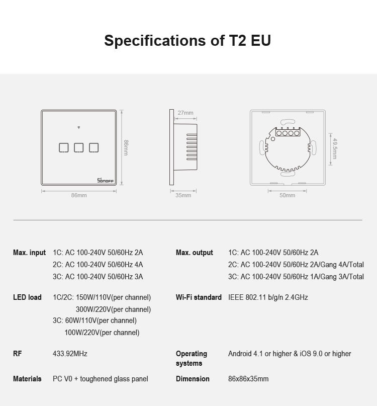 Sonoff T2 Touch 86mm Tempered Glass Panel Wall Switch Smart Home Light Touch Switch, Compatible with Alexa and Google Home, AC 100V-240V, EU Plug My Store