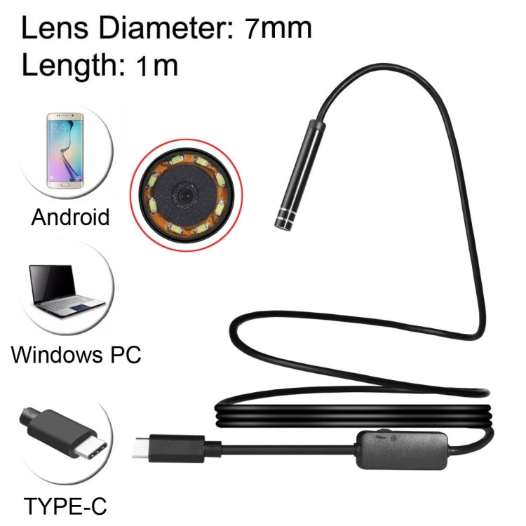 AN97 USB-C / Type-C Endoscope Waterproof IP67 Tube Inspection Camera with 8 LED & USB Adapter, Length: 1m, Lens Diameter: 7mm My Store