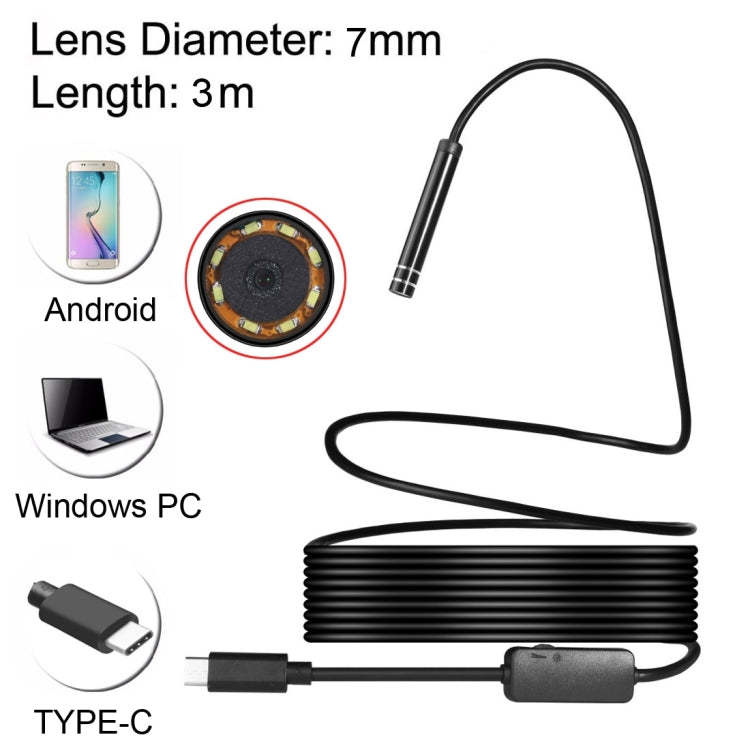 AN97 USB-C / Type-C Endoscope Waterproof IP67 Tube Inspection Camera with 8 LED & USB Adapter, Length: 3m, Lens Diameter: 7mm My Store