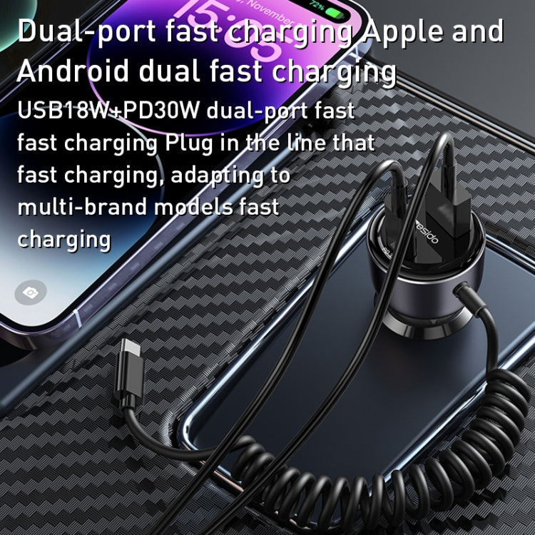 Yesido Y56 60W PD + QC3.0 Dual Port Car Charger with USB-C / Type-C Spring Data Cable