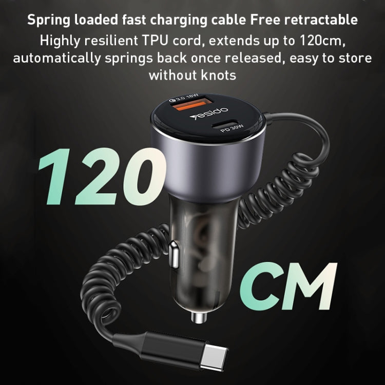 Yesido Y56 60W PD + QC3.0 Dual Port Car Charger with USB-C / Type-C Spring Data Cable