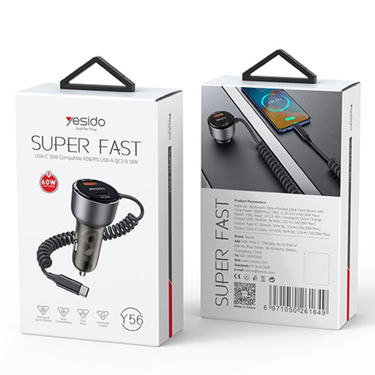 Yesido Y56 60W PD + QC3.0 Dual Port Car Charger with USB-C / Type-C Spring Data Cable