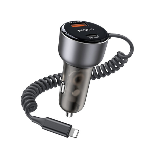 Yesido Y57 50W PD + QC3.0 Dual Port Car Charger with 8 Pin Spring Data Cable ÎҵÄÉ̵ê