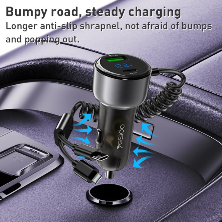 Yesido Y58 60W PD + QC3.0 Dual Port Car Fast Charger with USB-C / Type-C + 8 Pin Spring Cable