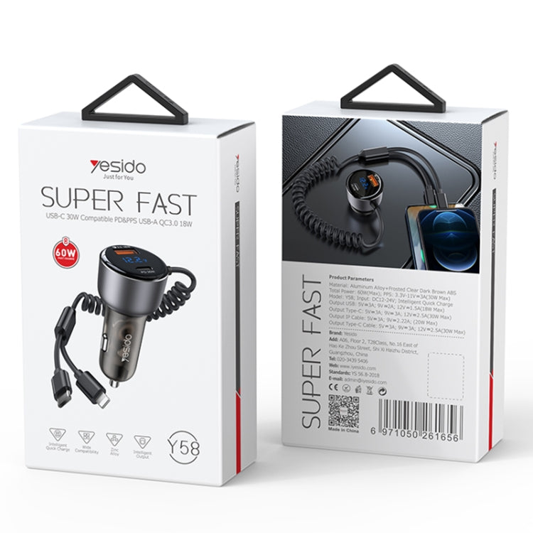 Yesido Y58 60W PD + QC3.0 Dual Port Car Fast Charger with USB-C / Type-C + 8 Pin Spring Cable ÎҵÄÉ̵ê