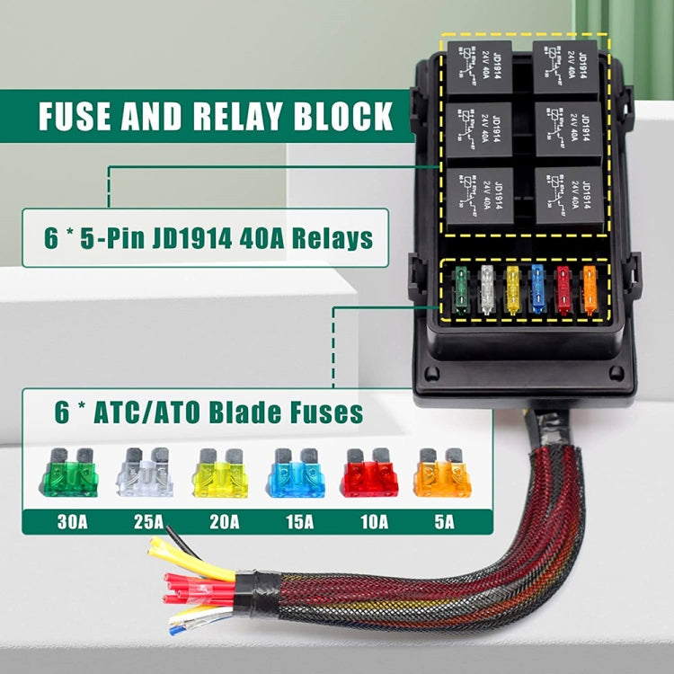 24V 5 Pin Car 6 Slots Waterproof Relay Fuse Box with Cable-Reluova