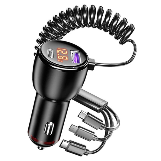 HX06 151W Type-C + USB Dual Port Car Charger with 3 in 1 Spring Data Cable