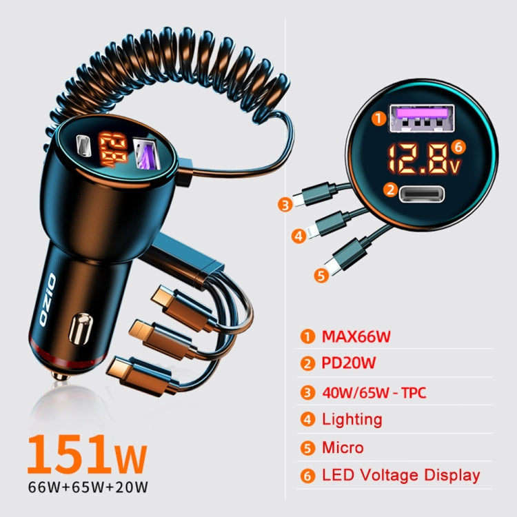 HX06 151W Type-C + USB Dual Port Car Charger with 3 in 1 Spring Data Cable