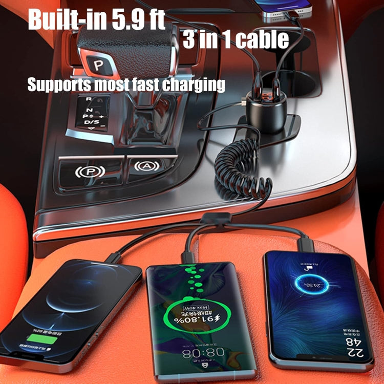 HX06 151W Type-C + USB Dual Port Car Charger with 3 in 1 Spring Data Cable