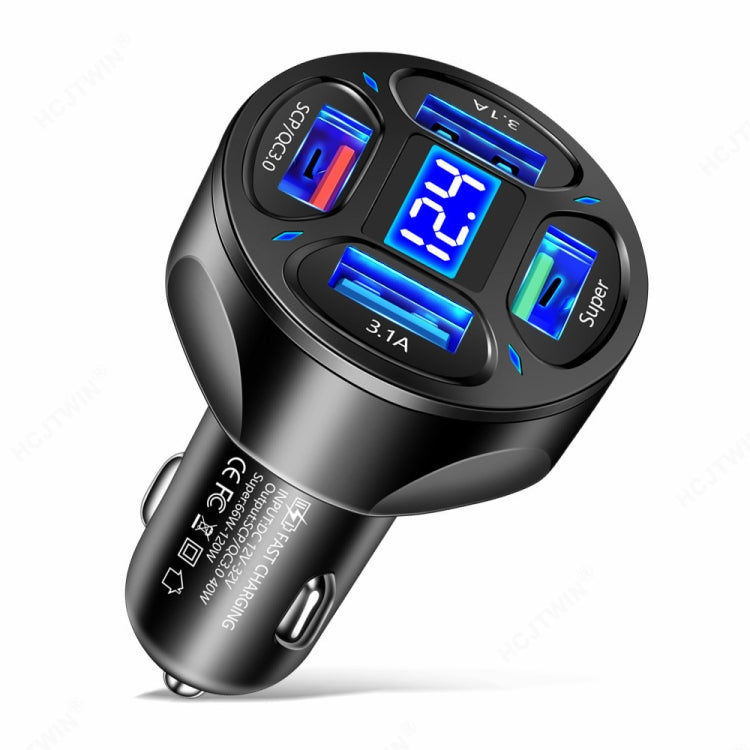 66W 4 in 1 Digital Display Fast Charging Car Charger with Voltmeter