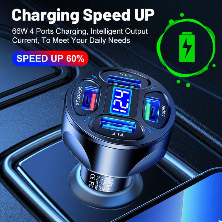 66W 4 in 1 Digital Display Fast Charging Car Charger with Voltmeter