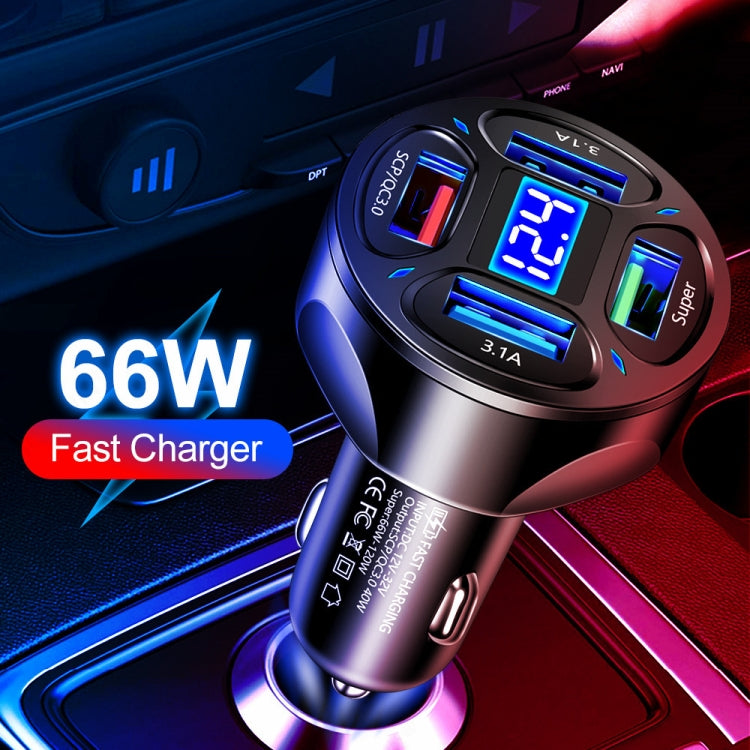 66W 4 in 1 Digital Display Fast Charging Car Charger with Voltmeter