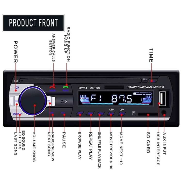 JSD-520 Car Stereo Radio MP3 Audio Player Support Bluetooth Hand-free Calling / FM / USB / SD, EU Plug Version ÎҵÄÉ̵ê