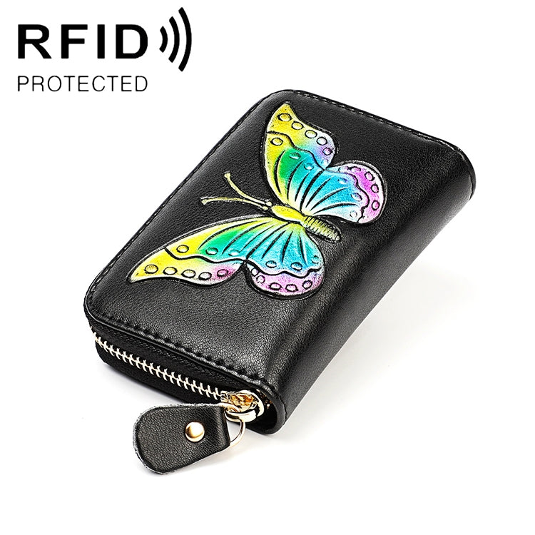 KB152 Butterfly Pattern Zipper Cowhide Leather Organ Shape Multiple Card Slots Anti-magnetic RFID Wallet for Ladies My Store