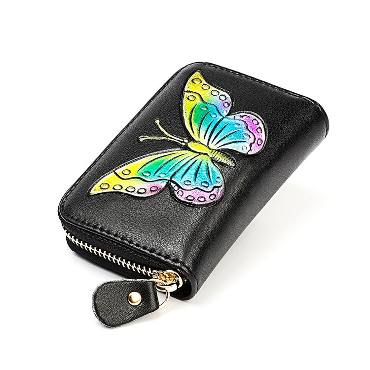 KB152 Butterfly Pattern Zipper Cowhide Leather Organ Shape Multiple Card Slots Anti-magnetic RFID Wallet for Ladies