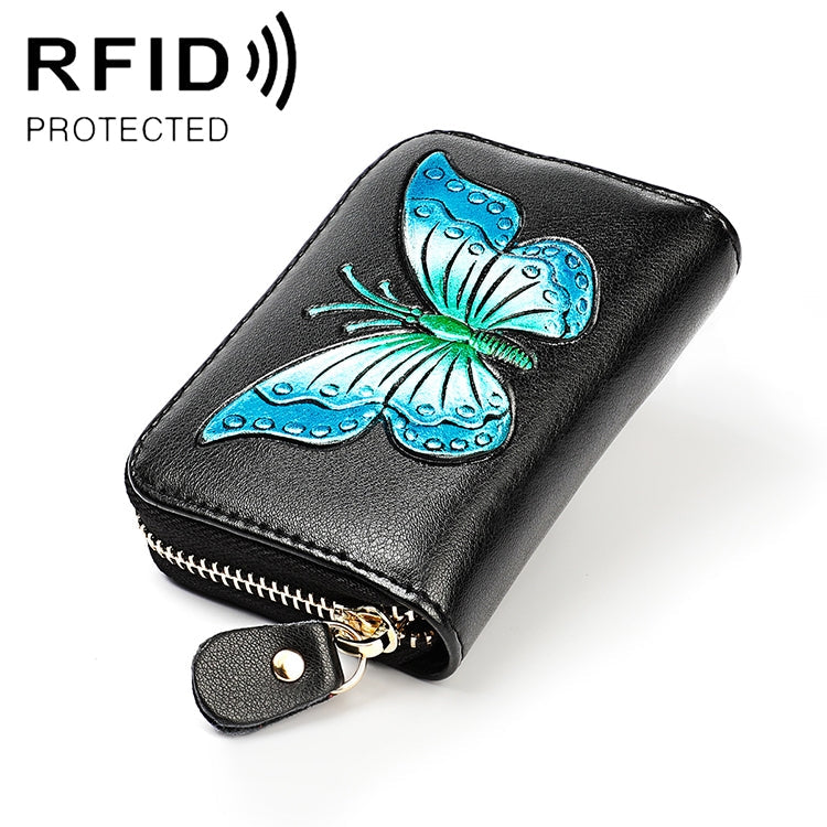 KB152 Butterfly Pattern Zipper Cowhide Leather Organ Shape Multiple Card Slots Anti-magnetic RFID Wallet for Ladies My Store