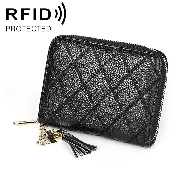 KB213 Diamond Texture Zipper Cowhide Leather Double Row Organ Shape Multiple Card Slots Anti-magnetic RFID Wallet Clutch Bag for Ladies My Store