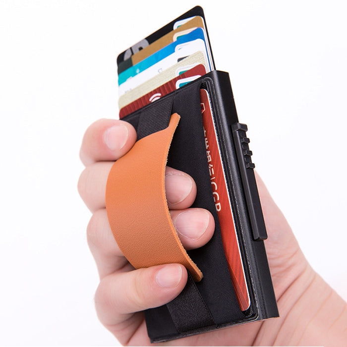 X-32C Automatically Pop-up Card Type Anti-magnetic RFID Anti-theft Men Aluminum Alloy A Dial Button Elastic Bag Wallet with PU Leather Strap