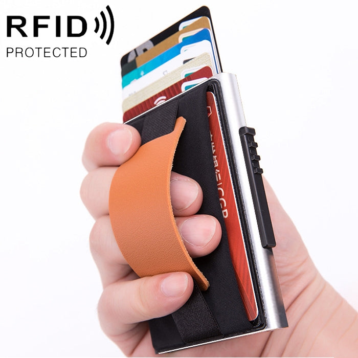 X-32C Automatically Pop-up Card Type Anti-magnetic RFID Anti-theft Men Aluminum Alloy A Dial Button Elastic Bag Wallet with PU Leather Strap My Store