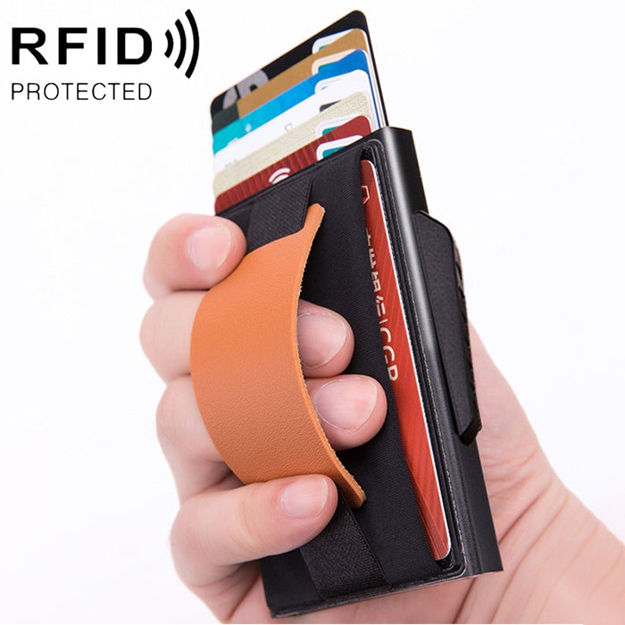 X-32C Automatically Pop-up Card Type Anti-magnetic RFID Anti-theft Men Aluminum Alloy B Dial Button Elastic Bag Wallet with PU Leather Strap My Store