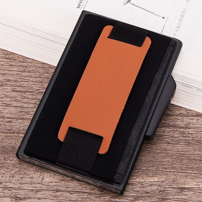 X-32C Automatically Pop-up Card Type Anti-magnetic RFID Anti-theft Men Aluminum Alloy B Dial Button Elastic Bag Wallet with PU Leather Strap