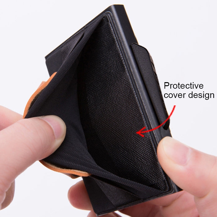 X-32C Automatically Pop-up Card Type Anti-magnetic RFID Anti-theft Men Aluminum Alloy B Dial Button Elastic Bag Wallet with PU Leather Strap My Store