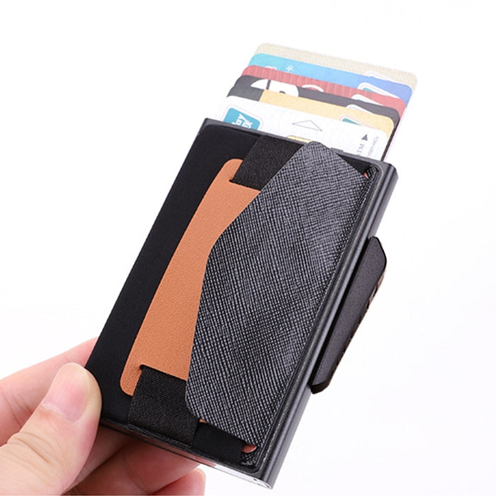 X-32C Automatically Pop-up Card Type Anti-magnetic RFID Anti-theft Men Aluminum Alloy B Dial Button Elastic Bag Wallet with PU Leather Strap