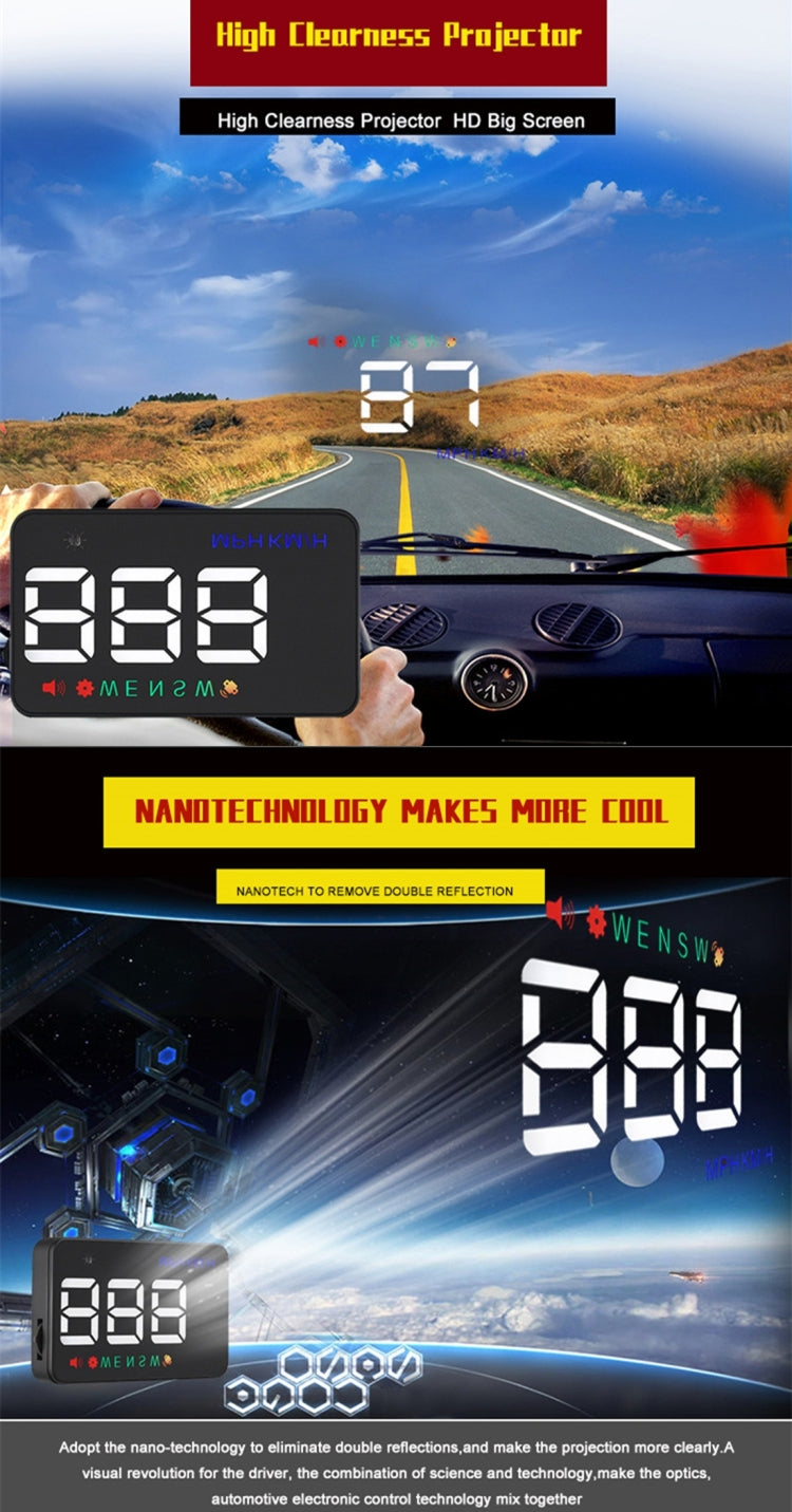 Geyiren A5 HUD 3.5 inch Car Head Up Display with GPS System, Two Mode Display, Light Sensors, KM/h MPH Speed, Compass, Speed Alarm