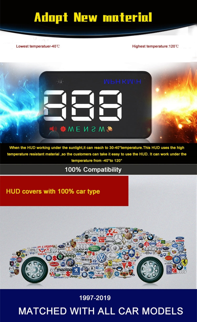 Geyiren A5 HUD 3.5 inch Car Head Up Display with GPS System, Two Mode Display, Light Sensors, KM/h MPH Speed, Compass, Speed Alarm