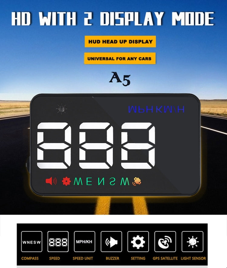 Geyiren A5 HUD 3.5 inch Car Head Up Display with GPS System, Two Mode Display, Light Sensors, KM/h MPH Speed, Compass, Speed Alarm