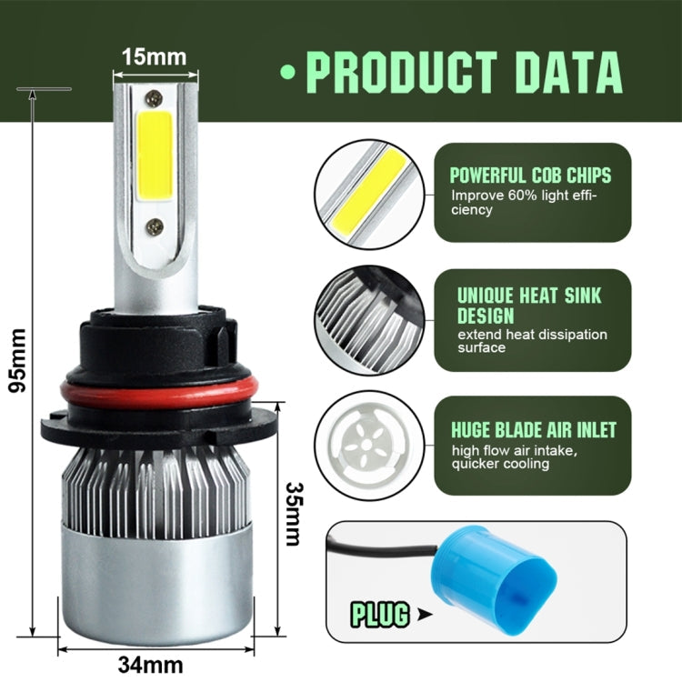 2pcs 9007 18W 1800LM 6000K Waterproof IP68 Car Auto LED Headlight with 2 COB LED Lamps, DC 9-36V