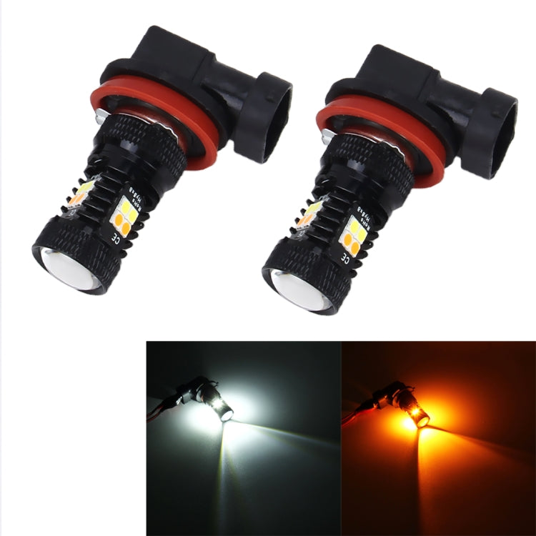 2 PCS Super Bright H11/H8 DC 12V 5W 350LM Auto Car Fog Light with 16 SMD-3030 LED Bulbs Lamp, White + Yellow Light-Reluova