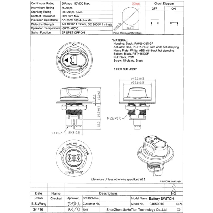 Jtron On/Off Car Battery Switch Car Battery Master Switch MAX DC 50V 50A CONT 75A INT Use for Cars / Off-road Vehicle / Truck ÎҵÄÉ̵ê