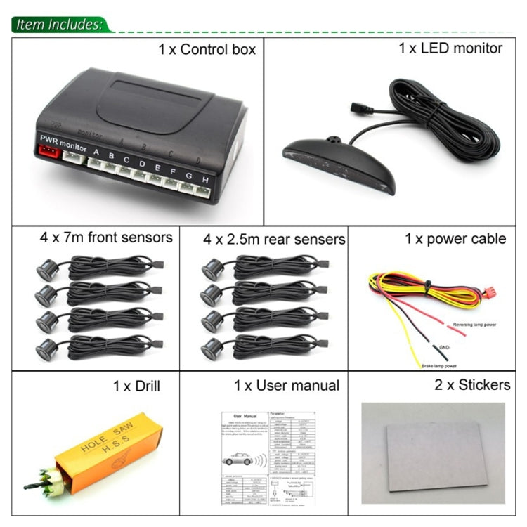 PZ-300-8 Car Parking Reversing Buzzer LED Monitor Parking Alarm Assistance System with 4*7m Front Sensors and 4*2.5m Rear Sensors ÎҵÄÉ̵ê