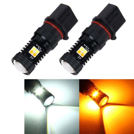 2 PCS Super Bright P13W DC 12V 5W 350LM Auto Car Fog Light with 16 SMD-3030 LED Bulbs Lamp, White + Yellow Light-Reluova