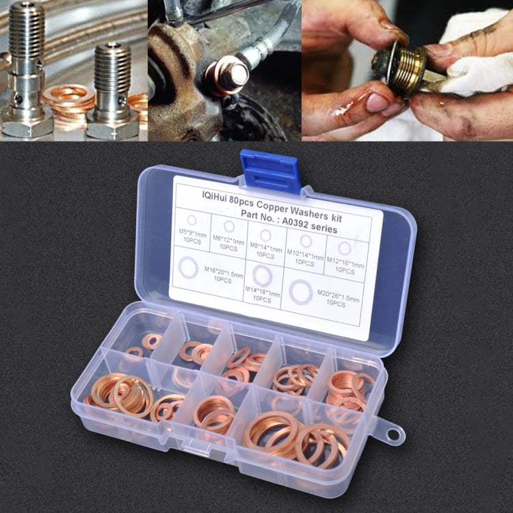 80 PCS O Shape Solid Copper Crush Washers Assorted Oil Seal Flat Ring Kit for Car / Boat  / Generators