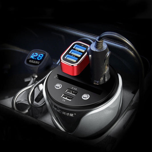 HSC YC-19D Car Cup Charger 2.1A/1A Dual USB Ports Car 12V-24V Charger with 2-Socket Cigarette, Card Socket and LED Display ÎҵÄÉ̵ê