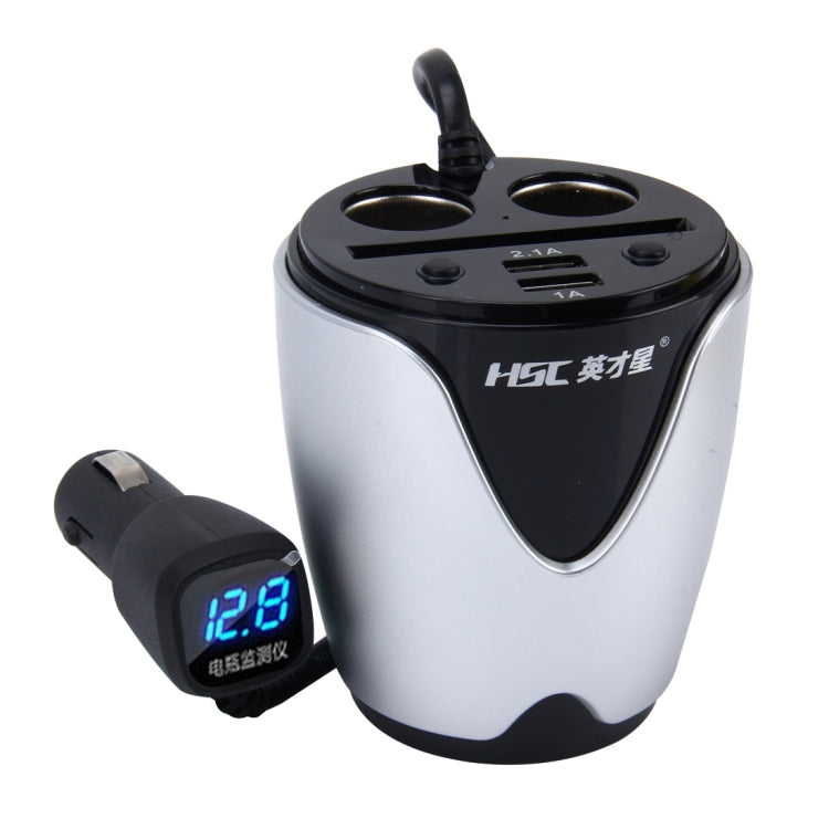 HSC YC-19D Car Cup Charger 2.1A/1A Dual USB Ports Car 12V-24V Charger with 2-Socket Cigarette, Card Socket and LED Display