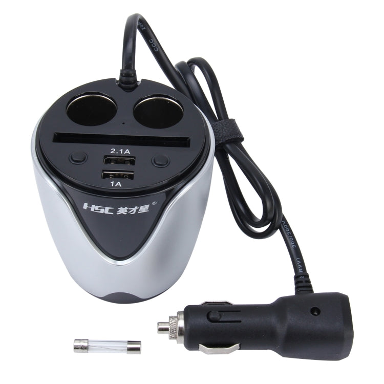 HSC YC-19D Car Cup Charger 2.1A/1A Dual USB Ports Car 12V-24V Charger with 2-Socket Cigarette, Card Socket and LED Display