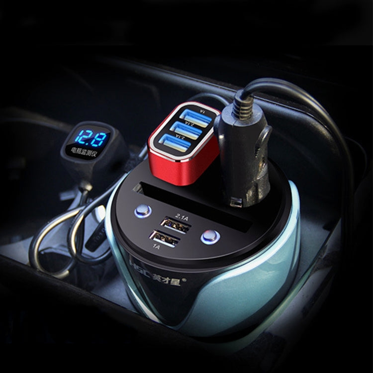 HSC YC-19D Car Cup Charger 2.1A/1A Dual USB Ports Car 12V-24V Charger with 2-Socket Cigarette, Card Socket and LED Display