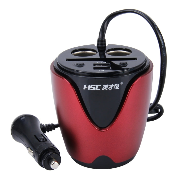 HSC YC-19 Car Cup Charger 2.1A/1A Dual USB Ports Car 12V-24V Charger with 2-Socket Cigarette and Card Socket